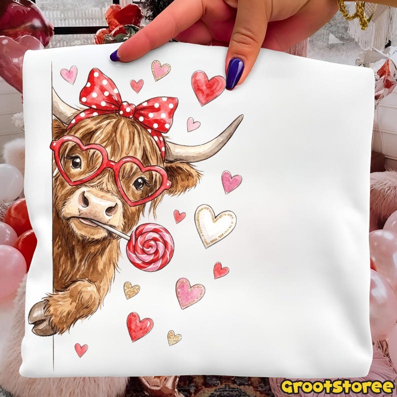 May include: White t-shirt featuring a Highland cow wearing heart-shaped glasses and a red polka dot bow. The cow is holding a lollipop and surrounded by heart-shaped designs in red, pink, and gold. The GrootStoree logo is visible.