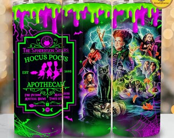 May include: A cylindrical tumbler featuring a bright green slime drip pattern at the top. The design includes a black label with the text The Sanderson Sisters Hocus Pocus Est 1693 Apothecary, alongside illustrations of characters, a black cat, and a spiderweb.