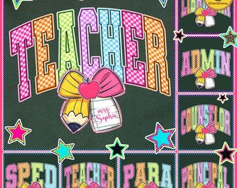 Custom Neon Checkered Back To School Png Bundle, School Occupation Png, Teacher Sped Para Counselor Png, Preppy First Day Of School Png