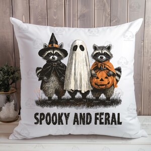 May include: White square pillow featuring three raccoons dressed for Halloween. One raccoon wears a witch hat and cape, another is a ghost, and the third holds a jack-o'-lantern. The text "SPOOKY AND FERAL" is printed below the raccoons.