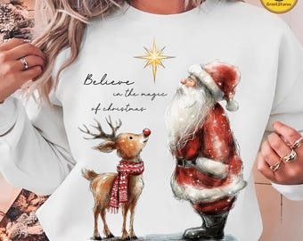 Retro Christmas Believe In The Magic PNG, Santa Claus Design, Cute Reindeer Holiday Art, Whimsical Holiday Friends Shirt Digital File