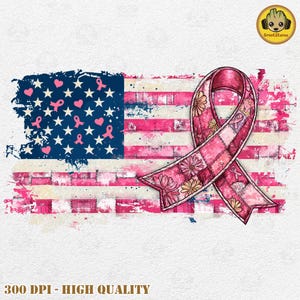 Pode incluir: Um design desgastado da bandeira americana com detalhes em rosa, corações e fitas. Uma fita rosa com padrões florais e de fita é sobreposta à bandeira. A imagem inclui o texto "300 DPI - ALTA QUALIDADE".