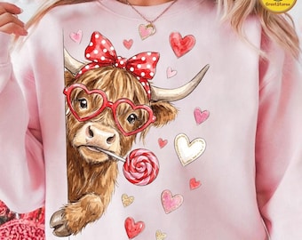 Vaca de las Tierras Altas de San Valentín, PNG, Coqueta de San Valentín, Sublimación de San Valentín, Hola San Valentín, Corazón de amor XOXO, Descarga digital