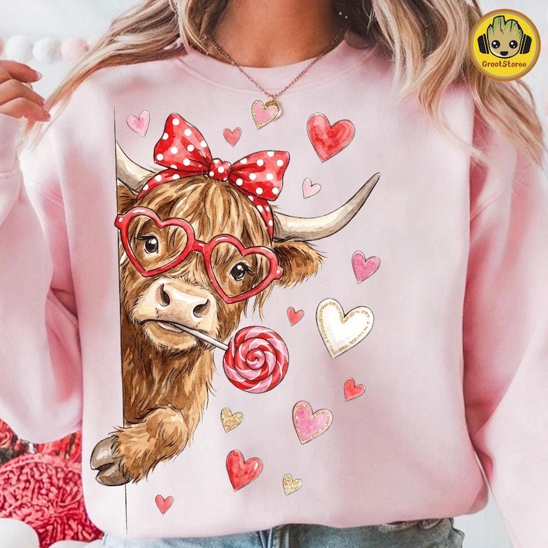 May include: Pink sweatshirt featuring a brown Highland cow wearing heart-shaped glasses and a red polka dot bow. The cow is holding a lollipop and surrounded by heart graphics in various colors. The design is a whimsical and cute Valentine's Day theme.
