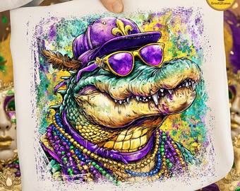 Fleur De Lis PNG, Colorful Mardi Gras Alligator Design, Mardi Gras Carnival Graphic, Mardi Gras Hunting, Louisiana Festival New Orleans PNG