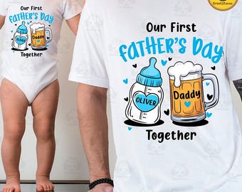 Custom First Fathers Day Png, Our First Fathers Day Png, New Daddy Gift, Father And Kids Matching Shirt, Boy And Girl Png, Dad And Son Png