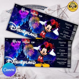 Puede incluir: Dos entradas para Disneylandia con un fondo azul oscuro con fuegos artificiales y Mickey Mouse. Las entradas dicen "We're going to Disneyland" e incluyen el nombre "Emily" y la fecha "07th-12th March 2026". Una entrada tiene el mensaje "Happy Birthday I love you".