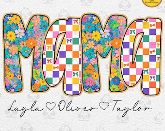 Custom Boho Floral Mama with kids names Png, Preppy Mama Floral Glitter Png, Everyday Png, Custom Preppy Mama Design, Checkered Sublimation