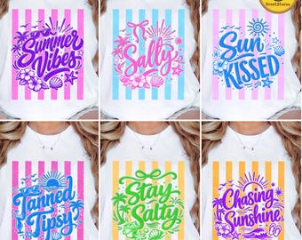 Striped Summer Vibes Coquette PNG Bundle, Girly Beach Vacation 2026 Design, Salty Sun Kissed Tipsy Stay Salty Chasing Sunshine Shirt