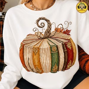 Automne livre citrouille PNG T-Shirt Design, Fantasy citrouille livre PNG, automne rétro Halloween professeur des cliparts, lecture citrouille en téléchargement numérique image 3