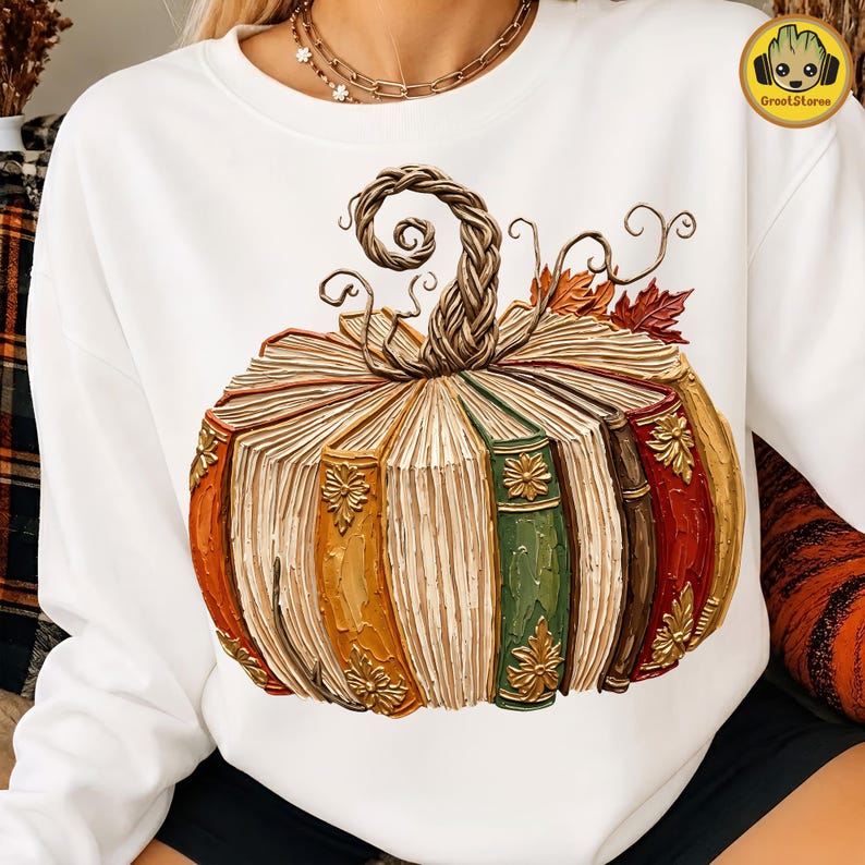 Automne livre citrouille PNG T-Shirt Design, Fantasy citrouille livre PNG, automne rétro Halloween professeur des cliparts, lecture citrouille en téléchargement numérique image 3