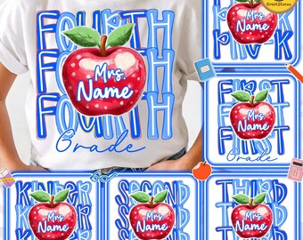 PNG personalizado para maestros, diseño de preescolar a cuarto grado, PNG de manzana con rayas azules, PNG de "Enseña, ama, inspira", regreso a clases, archivo digital