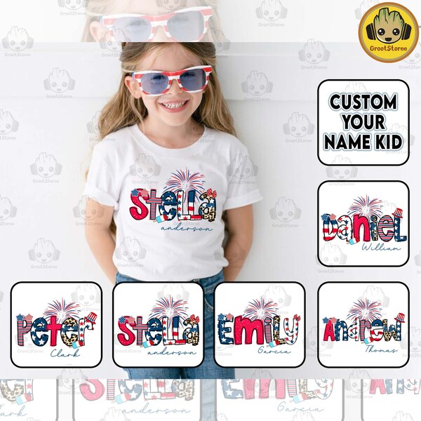 CUSTOM 4th of July Kids Shirt Design Bundle, Fourth of July Girls Shirt Design Png, Custom Name Patriotic Shirt Png, Instant Download