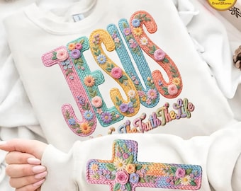 Jesus Christian PNG, Faux Yarn Crochet Faith Design, Floral Knitted Religious Shirt PNG, Retro Boho Cottage Png, Digital Download