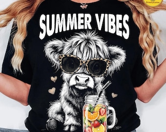Highland Cow Summer PNG, Summer Vibes Highland Cow Png, Western Vacation Tee, Retro Cow Design, Retro Summer Kids Design, Vacation Png