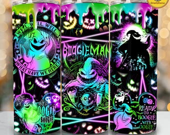May include: Three cylindrical tumblers with lids and straws, featuring a black background with neon green, pink, and blue drip patterns at the top. The designs include Oogie Boogie, the text "Well, Well, Well, What Have We Here", "Boogieman", and "Ready to Boogie with Oogie".