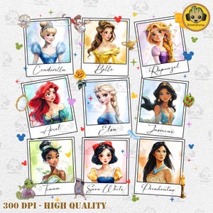May include: A digital collage of nine Disney princesses, each in a separate Polaroid-style frame. The princesses are Cinderella, Belle, Rapunzel, Ariel, Elsa, Jasmine, Tiana, Snow White, and Pocahontas. Each princess is depicted in a watercolor style with a colorful background.
