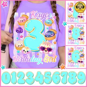 May include: A light purple t-shirt featuring a large cyan number three with a gold glitter outline, surrounded by cartoon bao buns with faces, stars, and the text Kayce Birthday Girl in a gradient font. The design includes a pastel watercolor background.