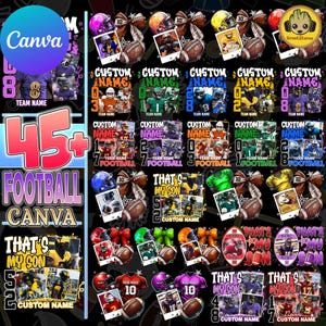 Op de afbeelding: Een collage van voetbalthema-ontwerpen, waaronder helmen, voetballen en foto's van spelers. De ontwerpen bevatten de tekst "Custom Name", "That's My Son" en nummers. Het woord "Football" is prominent aanwezig, samen met het Canva-logo.