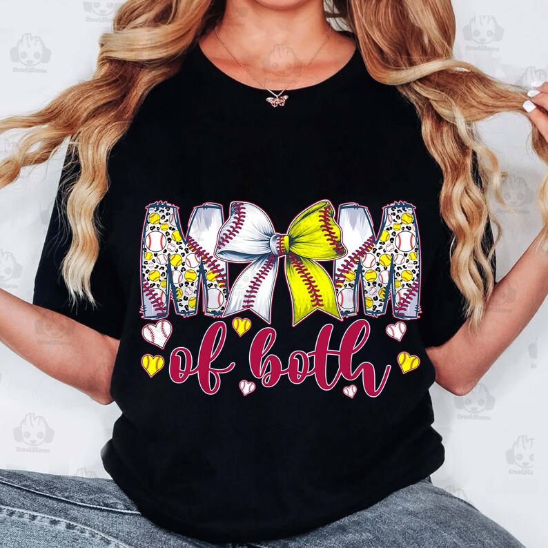 May include: Black t-shirt with a white and yellow softball bow and the text "Mom of both" in red with small hearts.