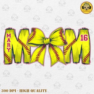 Könnte beinhalten: Gelb-rotes Softball-Motiv "MOM" mit einer gelben Schleife und dem Namen "MARY" sowie der Nummer "16" in Rot.
