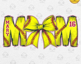 Custom Softball Bow Png, Softball Mom Shirt With Kids Name & Jersey Number Png, Game Day Png, Softball Coquette, Softball Mama Png