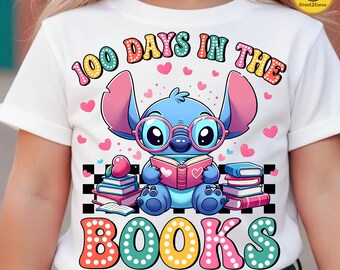 Dibujos animados de 100 días en los libros (Personaje azul leyendo) (Personaje azul leyendo) (Felices 100 días de clases) (Regalo para niños, camiseta escolar) (Personaje azul leyendo)