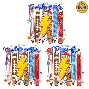 Pre-K To Fourth Grade PNG Bundle, Preppy Blue Gingham School Design, Baseball Basketball Lightning Bolt, First Day Of School PNG image 2