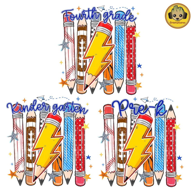 Pre-K To Fourth Grade PNG Bundle, Preppy Blue Gingham School Design, Baseball Basketball Lightning Bolt, First Day Of School PNG image 2