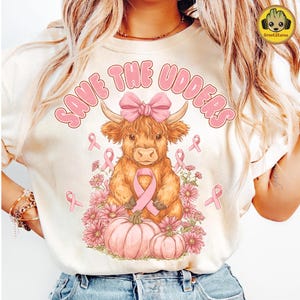 Retro Save The Udders Png, Cute Highland Cow Breast Cancer Png, Cancer Awareness Png, Pink Ribbon Png, Breast Cancer Survivor Fighter Png