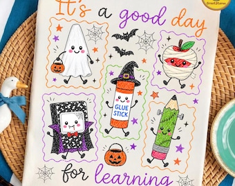 Cute Halloween Teacher PNG, Spooky School Doodles Design, Ghost Mummy Glue Stick Pencil PNG, Back to School Sublimation, Teacher Shirt
