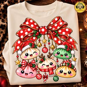 Könnte beinhalten: Ein cremefarbenes Sweatshirt mit Rundhalsausschnitt und einem großen Grafikdruck von fünf lächelnden Knödel-Charakteren, die Weihnachtsmützen und Schals tragen, hängend an einer großen roten Schleife mit weißen Punkten und goldenen Glocken.
