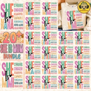 K&ouml;nnte beinhalten: Ein digitales Download-Paket mit &uuml;ber 20 druckbaren Designs, die den Text "She is" gefolgt von verschiedenen Familienbezeichnungen wie "Nana", "Mimi", "Mutter", "Oma" und "Tante" zeigen. Die Designs sind in einem farbenfrohen, abgenutzten Stil mit einem rosa, gr&uuml;nen und blauen Farbschema gehalten.