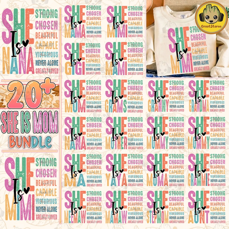 K&ouml;nnte beinhalten: Ein digitales Download-Paket mit &uuml;ber 20 druckbaren Designs, die den Text "She is" gefolgt von verschiedenen Familienbezeichnungen wie "Nana", "Mimi", "Mutter", "Oma" und "Tante" zeigen. Die Designs sind in einem farbenfrohen, abgenutzten Stil mit einem rosa, gr&uuml;nen und blauen Farbschema gehalten.