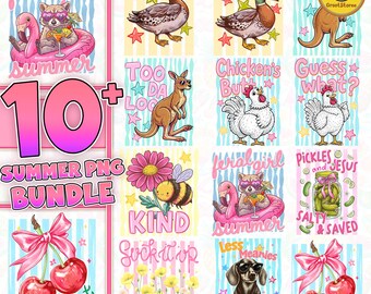 10+ Preppy Summer Animal PNG Bundle, Duck Duck Goose Bee Kind Chicken Butt PNG, Coastal Bay Sublimation Digital Files