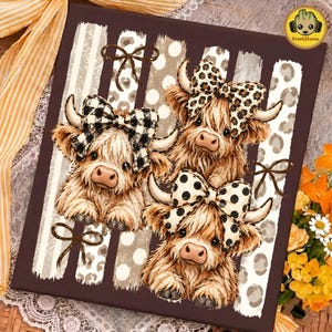 May include: A square wall art print featuring three fluffy Highland cows on a dark brown background with vertical stripes and leopard print accents. Each cow wears a large decorative bow in black and white plaid, leopard print, or polka dots.