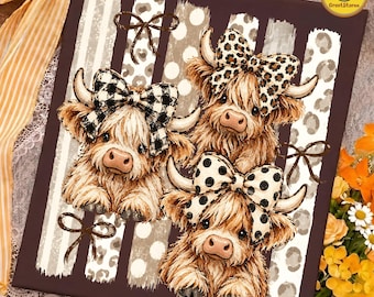 Preppy Fall Highland Cow PNG, Neutral Autumn Cow Design, Stitched Leopard Pumpkin PNG, Checkered Fall Sublimation, Trendy Autumn PNG