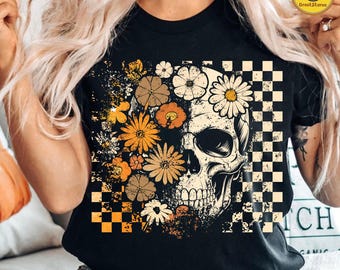 Retro Floral Skeleton Png, Funny Checkered Skeleton Halloween Png, Preppy Halloween Png, Trendy Halloween Skull Design, Spooky Season Png