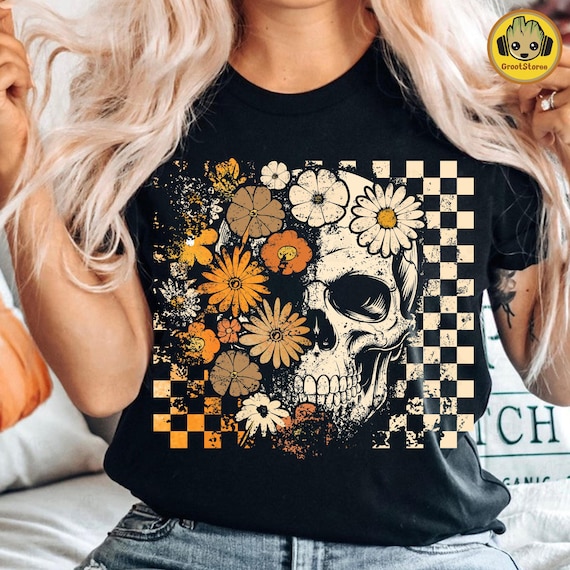 Retro Floral Skeleton Png, Funny Checkered Skeleton Halloween Png, Preppy Halloween Png, Trendy Halloween Skull Design, Spooky Season Png