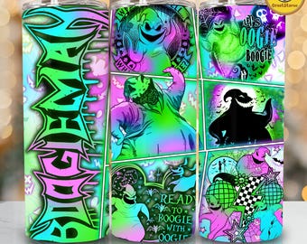 May include: A cylindrical tumbler featuring a vibrant, multi-colored gradient background with neon green, pink, and blue hues. The design displays various illustrations of a sack-like character, dice, and text including "BOOGIEMAN" and "LET'S OOGIE BOOGIE".