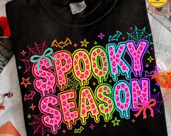 Spooky Season PNG, Checkered Halloween Drip PNG, Neon Preppy Halloween Design, Pumpkin Graphic, Hand Drawn Leopard Print, Digital Download