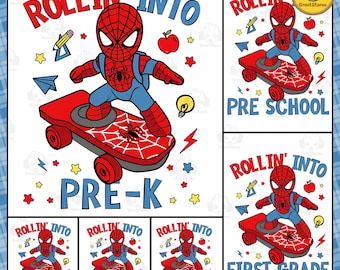 Rollin' Into School Cartoon Png Bundle, Back To School Png, Pre K Kindergarten Png, First Day Of School Png, Superhero Movie School Png