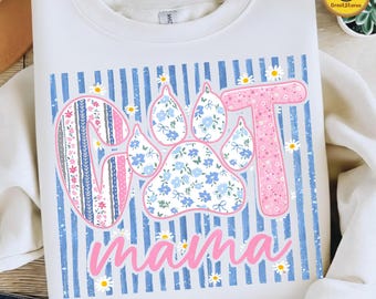 Girly Retro Cat Mama PNG, Striped Floral Mom Shirt Design, Mother’s Day Gift for Cat Lovers, Cat Mom Sublimation Design