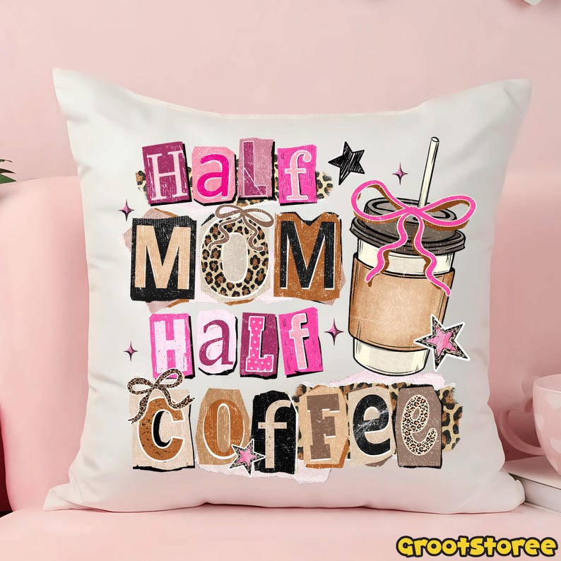 Coffee Mama PNG, Halvmamma Halvkaffeskjortadesign, Retrorutig kokettrosett, Leopardfärgad mors dag digital nedladdning bild 6
