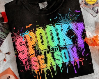 Colorful Halloween Spooky Season Png, Checkered Halloween Drip PNG, Boo Ghost Coquette Png, Preppy Halloween Neon Png, Neon Drip Png