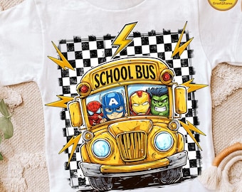 May include: A white t-shirt featuring a graphic of a yellow school bus with four comic book characters in the windows. The bus is set against a black and white checkered background with yellow lightning bolts and the text SCHOOL BUS on top.