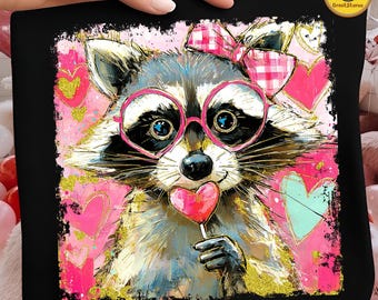 Retro Valentine Raccoon Png, Brushstroke Feral Raccoon With Heart Png, Vintage Animal Shirt Design, Trendy Girly Valentine Heart Png