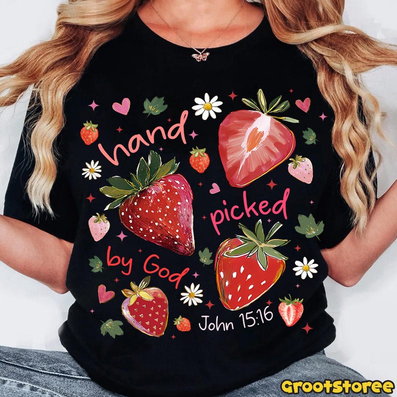 Hand Picked by God PNG, Striped Sweet Summer Time Design, Trendy Coquette Strawberry Png, Floral Retro Summer Christian PNG Download image 6