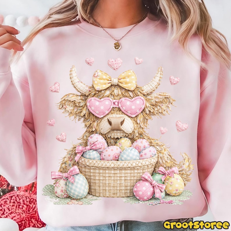 Puede incluir: Sudadera rosa claro con un dise&ntilde;o de vaca de las Tierras Altas. La vaca lleva gafas de sol en forma de coraz&oacute;n y un lazo amarillo, y sostiene una cesta de huevos de Pascua. Corazones y lazos rosas est&aacute;n dispersos. Logotipo GrootStoree.