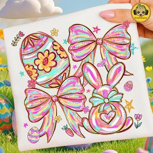 May include: A white square featuring colorful Easter-themed illustrations. The design includes an Easter egg, bows, a bunny, and floral accents. The artwork uses a pastel color palette with pink, yellow, and blue hues, creating a festive and cheerful aesthetic.